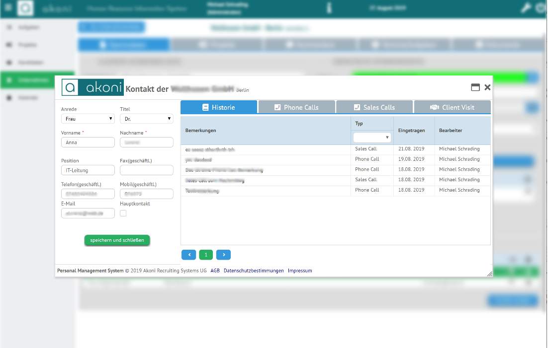 Alle Kundengespräche werden festgehalten und können jederzeit von allen Mitarbeitern eingesehen werden. Kommunikationsverlauf mit der akoni e-Recruiting Software für Recruiter