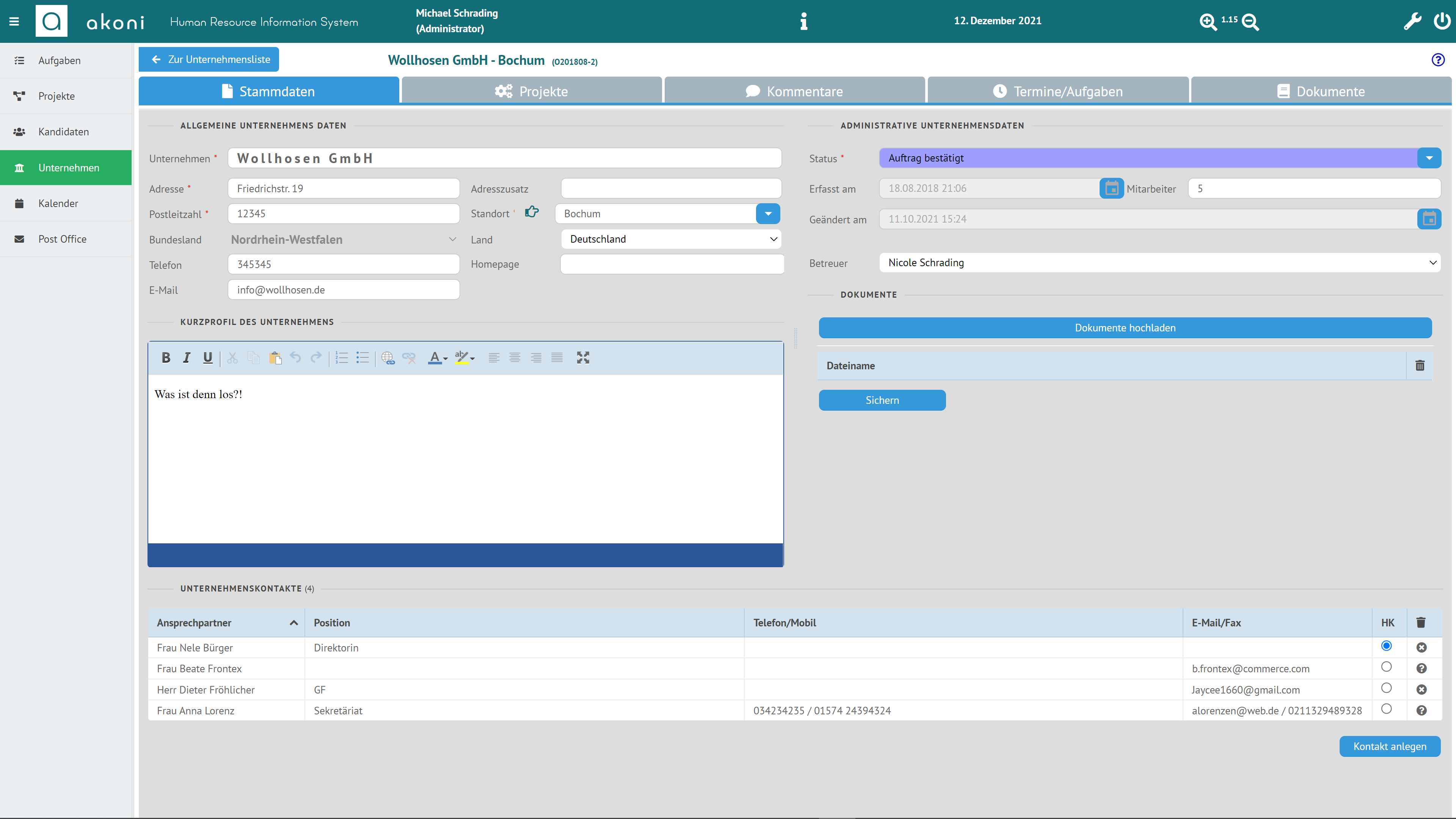 Customer profile in the customer management software from Akoni