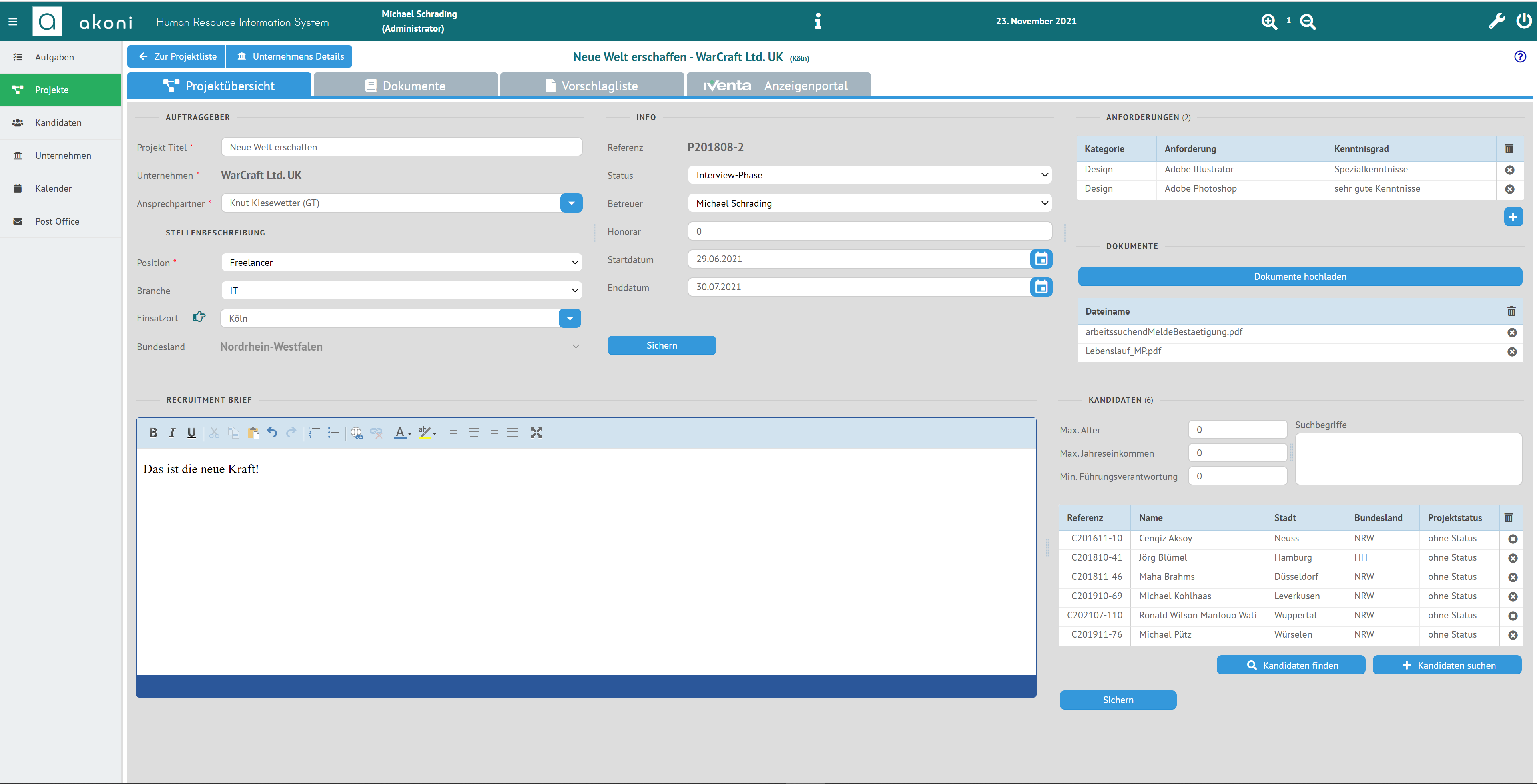 projectform-übersicht crm-software für Projekte