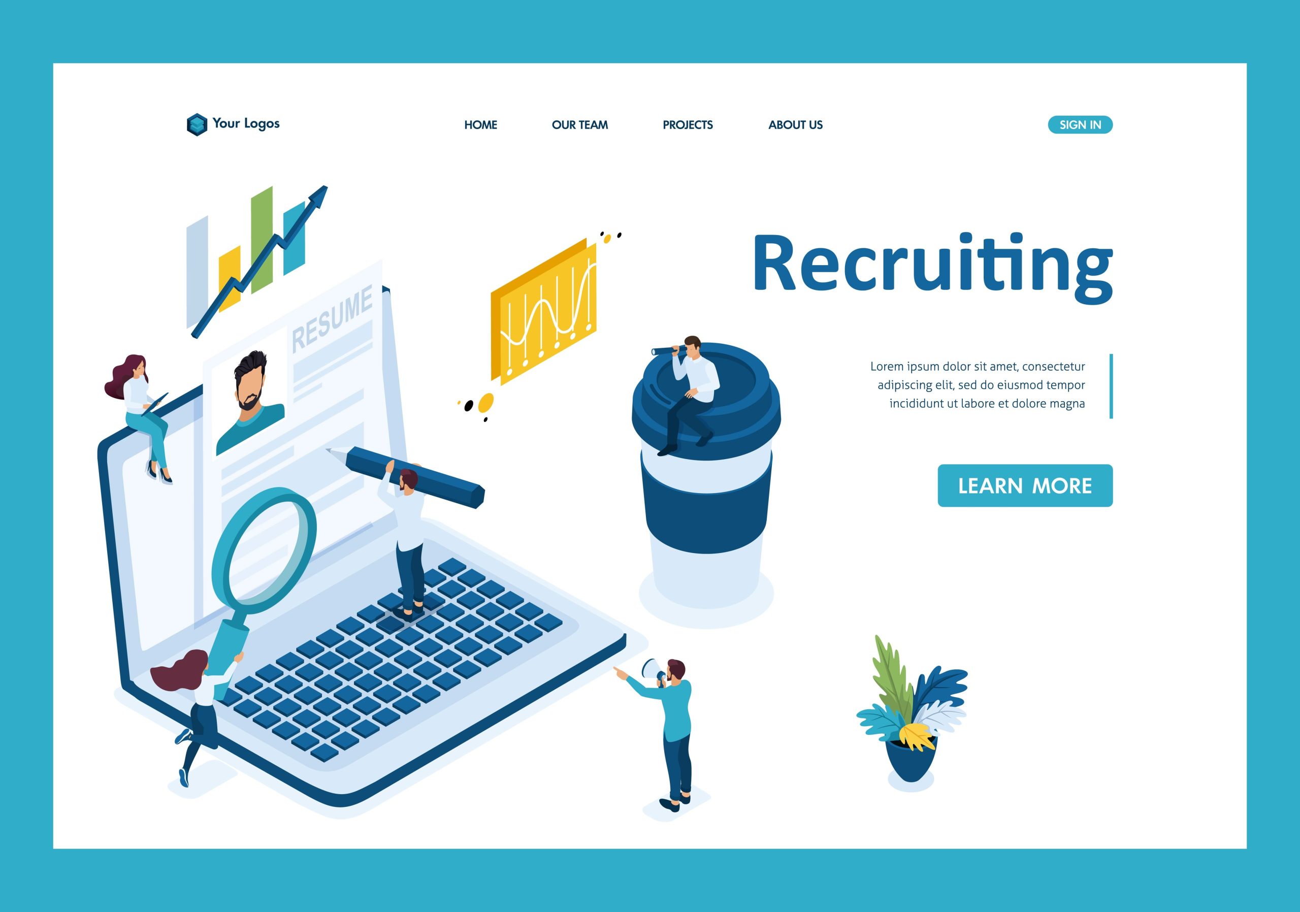Isometric search for employees on the Internet, recruiting concept. Template Landing page Recruiting Software